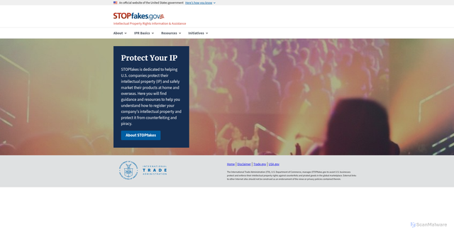 Security scan screenshot of https://www.stopfakes.gov/
