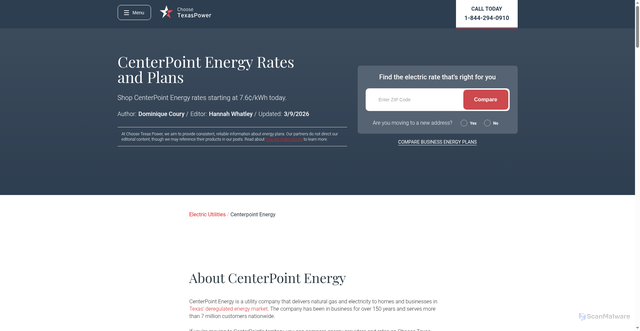 Security scan screenshot of https://www.choosetexaspower.org/electric-utilities/centerpoint-energy/