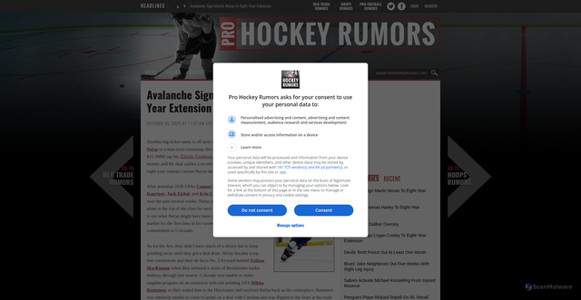 Security scan screenshot of https://www.prohockeyrumors.com/2025/10/avalanche-sign-martin-necas-to-eight-year-extension.html
