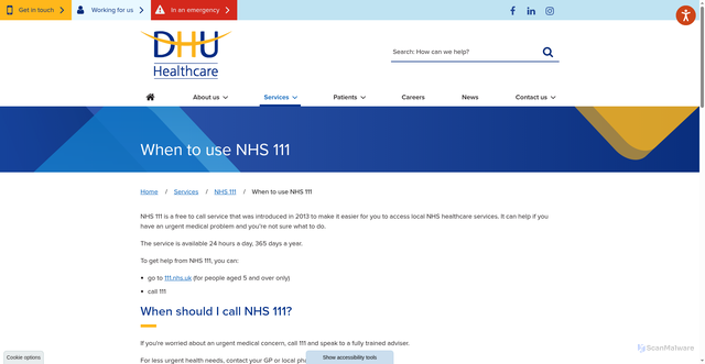 Security scan screenshot of https://dhuhealthcare.com/services/nhs-111/when-use-nhs-111