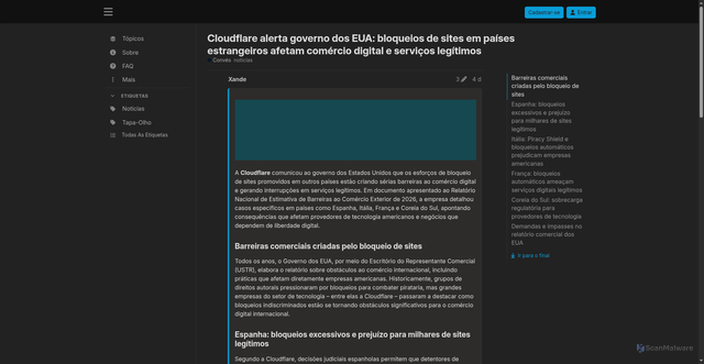 Security scan screenshot of https://pirataria.lat/t/cloudflare-alerta-governo-dos-eua-bloqueios-de-sites-em-paises-estrangeiros-afetam-comercio-digital-e-servicos-legitimos/9