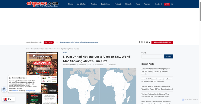 Security scan screenshot of https://atqnews.com/news-united-nations-set-to-vote-on-new-world-map-showing-africas-true-size/