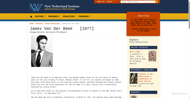 Security scan screenshot of https://www.newnetherlandinstitute.org/history-and-heritage/dutch_americans/james-van-der-beek