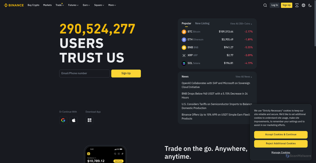 Security scan screenshot of https://www.binance.com/