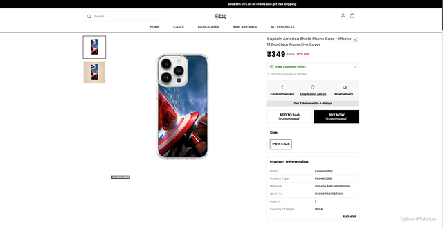 Security scan screenshot of https://coverdaddy.co.in/Captain-America-Shield-Phone-Case---iPhone-12-Pro/catalogue/cknHqHTL/fNB2okiT