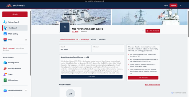 Security scan screenshot of https://www.vetfriends.com/branches/navy/units/uss-abraham-lincoln-cvn-72