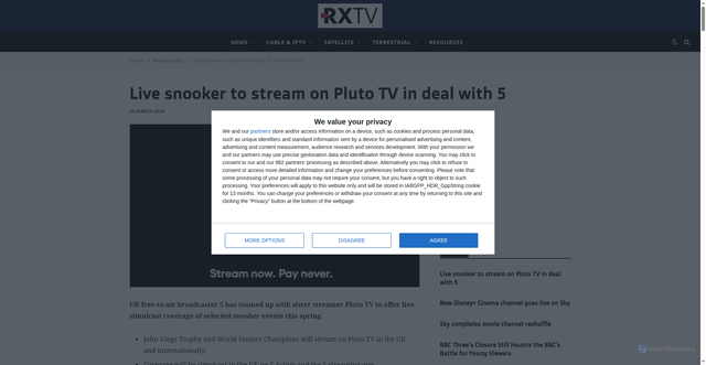Security scan screenshot of https://rxtvinfo.com/2026/live-snooker-to-stream-on-pluto-tv-in-deal-with-5/