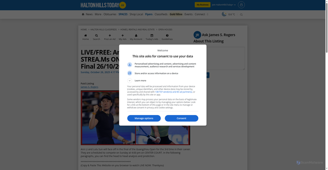Security scan screenshot of https://www.haltonhillstoday.ca/classifieds/homes-rentals-and-real-estate/open-houses/2040026