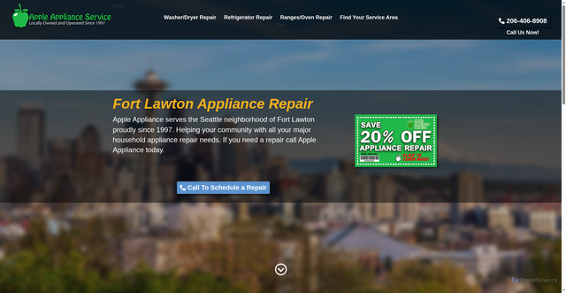 Security scan screenshot of https://appleapplianceservice.com/service-areas/fort-lawton/