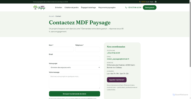 Security scan screenshot of https://mdfpaysage.fr/contact
