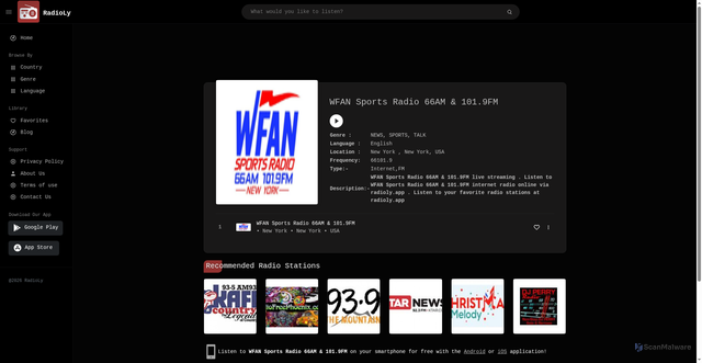 Security scan screenshot of https://radioly.app/radio/us.wfan/
