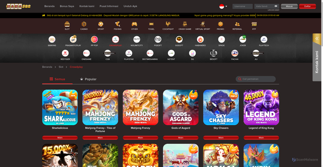 Security scan screenshot of https://haha388lucky.com/games/slot/crowdplay