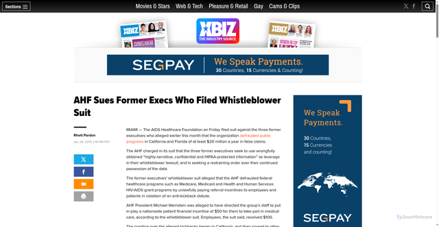 Security scan screenshot of https://www.xbiz.com/news/193950/ahf-sues-former-execs-who-filed-whistleblower-suit