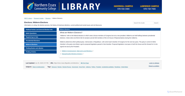 Security scan screenshot of https://necc.mass.libguides.com/elections/midtermelections