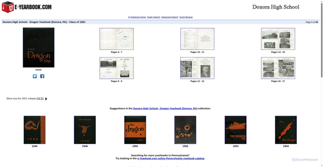 Security scan screenshot of https://www.e-yearbook.com/yearbooks/Donora_High_School_Dragon_Yearbook/1951/Page_1.html