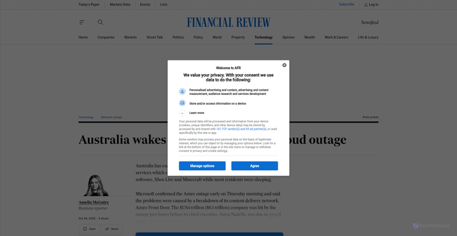 Security scan screenshot of https://www.afr.com/technology/microsoft-azure-cloud-service-hit-with-outage-20251030-p5n6dq