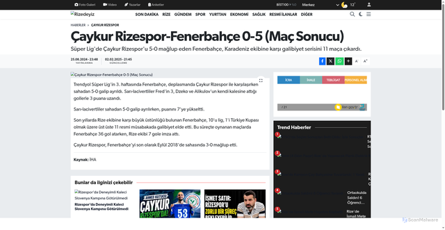 Security scan screenshot of https://www.rizedeyiz.com/caykur-rizespor-fenerbahce-0-5-mac-sonucu