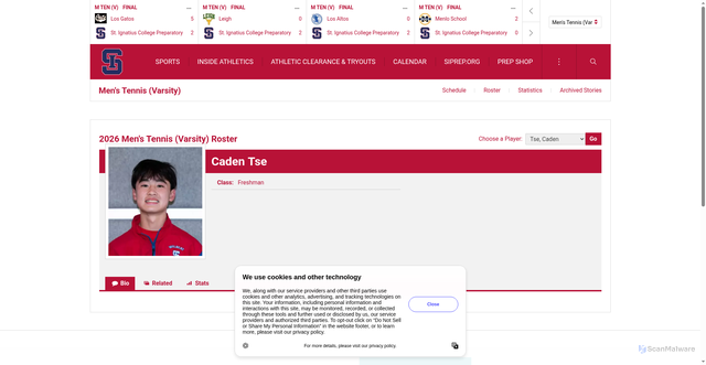 Security scan screenshot of https://siwildcats.com/sports/mens-tennis/roster/caden-tse/3511