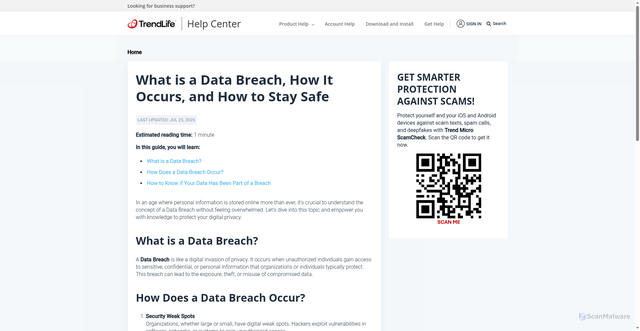 Security scan screenshot of https://helpcenter.trendlife.com/en-us/article/tmka-19362/