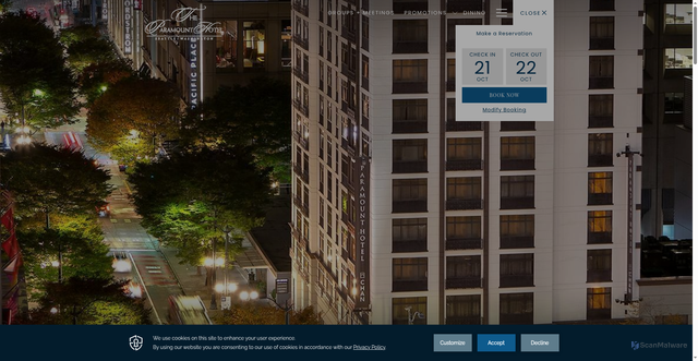 Security scan screenshot of https://www.paramounthotelseattle.com/?srsltid=AfmBOooJQt7Rvj2Pd9SsvYzMJXeWsAG0wj92HnedbvqevMICbb0pBCIu