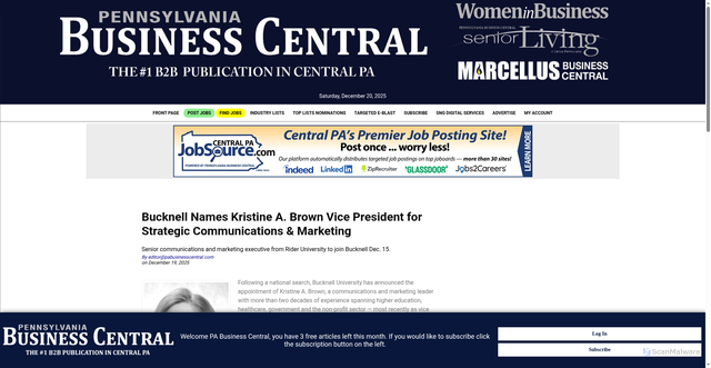 Security scan screenshot of https://www.pabusinesscentral.com/articles/bucknell-names-kristine-a-brown-vice-president-for-strategic-communications-marketing/