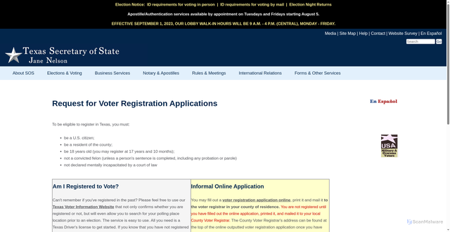 Security scan screenshot of https://www.sos.state.tx.us/elections/voter/reqvr.shtml
