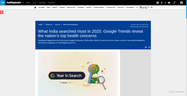 Security scan screenshot of https://madhyamamonline.com/lifestyle/health/google-trends-reveal-the-nations-top-health-concerns-1475476