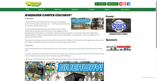 Security scan screenshot of https://willowbankraceway.com.au/news/hardkorr-camper-giveaway/