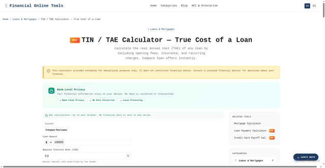 Security scan screenshot of https://financialonlinetools.com/en/loans-mortgages/tin-tae-calculator/