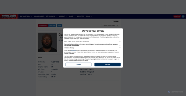 Security scan screenshot of https://www.ourlads.com/nfldepthcharts/player/37044/