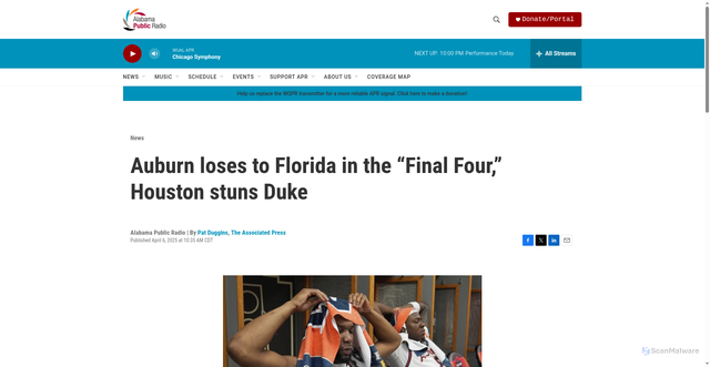 Security scan screenshot of https://www.apr.org/news/2025-04-06/auburn-loses-to-florida-in-the-final-four-houston-stuns-duke