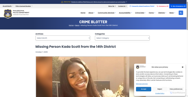 Security scan screenshot of https://www.phillypolice.com/news-blotter/missing-person-kada-scott-from-the-14th-district/