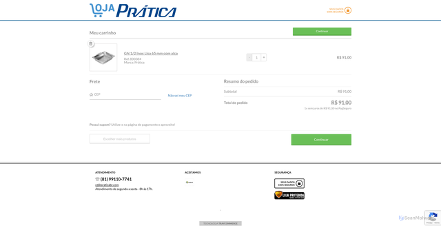Security scan screenshot of https://loja.praticabr.com/loja/cartService.php?loja=447176&acao=incluir&IdProd=800417