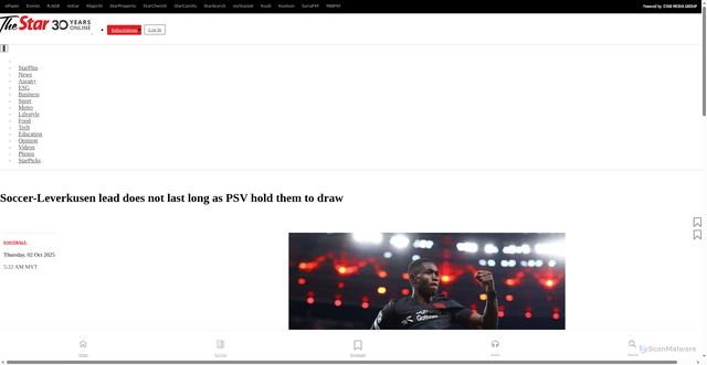 Security scan screenshot of https://www.thestar.com.my/sport/football/2025/10/02/soccer-leverkusen-lead-does-not-last-long-as-psv-hold-them-to-draw