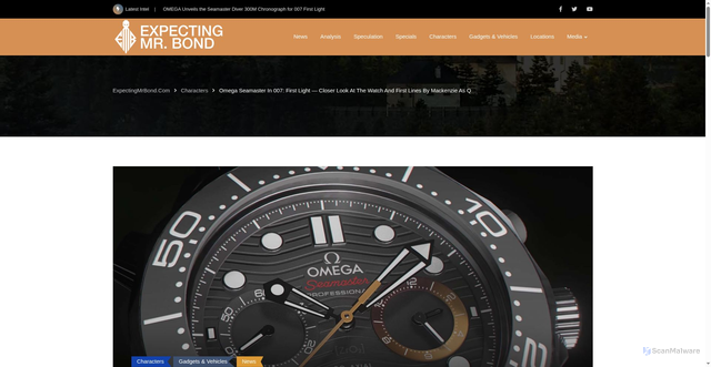Security scan screenshot of https://www.expectingmrbond.com/omega-seamaster-in-007-first-light-closer-look-at-the-watch-and-first-lines-by-mackenzie-as-q/
