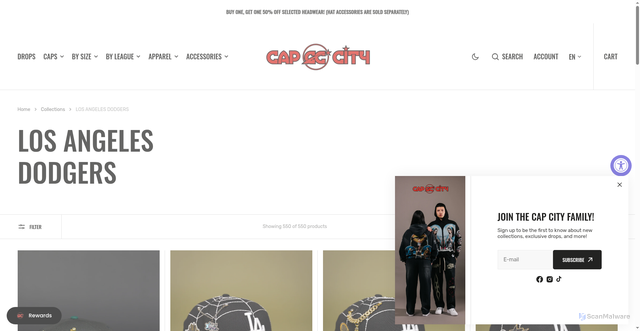 Security scan screenshot of https://www.shopcapcity.com/collections/los-angeles-dodgers?srsltid=AfmBOorytcGKx32B1evmWjkgcsAdI8A0P4XHhc3bVrPhpM2jaygCem6r