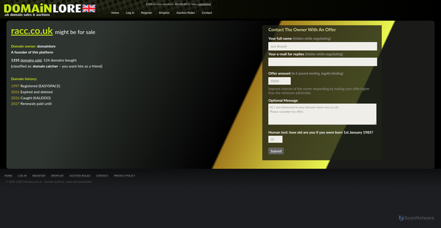Security scan screenshot of https://domainlore.uk/domain/racc.co.uk
