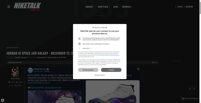 Security scan screenshot of https://niketalk.com/threads/jordan-xi-space-jam-galaxy-december-12-2026.699319/