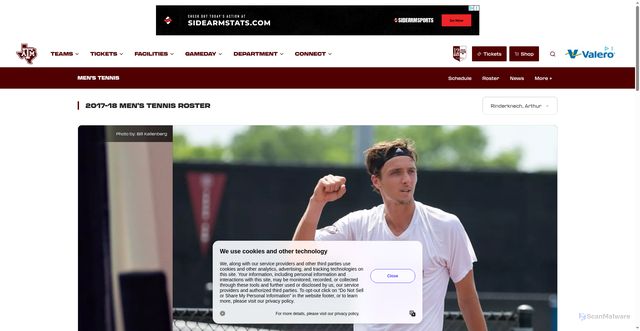 Security scan screenshot of https://12thman.com/sports/mens-tennis/roster/rinderknech-arthur/4875