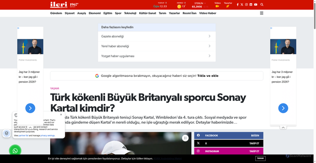 Security scan screenshot of https://www.ilerigazetesi.com.tr/turk-kokenli-buyuk-britanyali-sporcu-sonay-kartal-kimdir