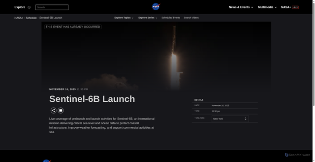 Security scan screenshot of https://plus.nasa.gov/scheduled-video/sentinel-6b-launch/