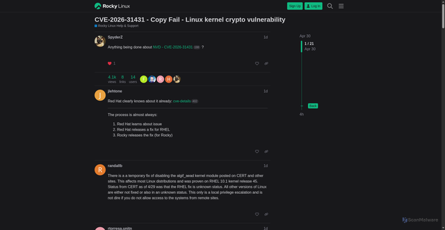 Security scan screenshot of https://forums.rockylinux.org/t/cve-2026-31431-copy-fail-linux-kernel-crypto-vulnerability/20375