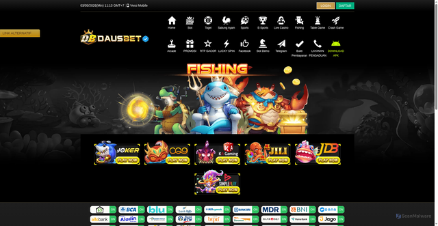 Security scan screenshot of https://dausbetkuberani1.click/desktop/game/fishing/kagaming