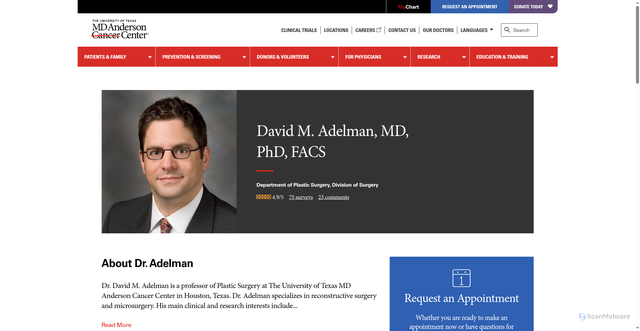 Security scan screenshot of https://faculty.mdanderson.org/profiles/david_adelman.html
