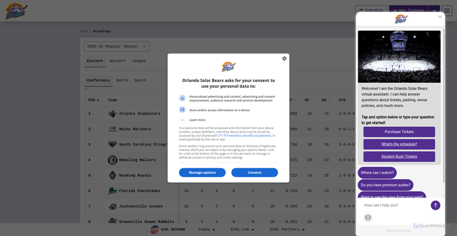 Security scan screenshot of https://orlandosolarbearshockey.com/team/standings
