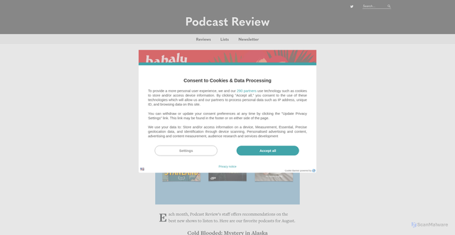 Security scan screenshot of https://podcastreview.org/list/august-2025-podcasts/