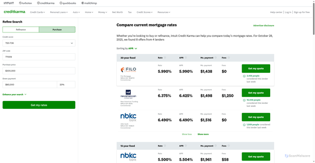 Security scan screenshot of https://www.creditkarma.com/home-loans/mortgage-rates