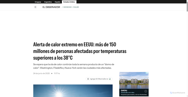 Security scan screenshot of https://www.elobservador.com.uy/estados-unidos/sociedad/alerta-calor-extremo-eeuu-mas-150-millones-personas-afectadas-temperaturas-superiores-los-38c-n6005407