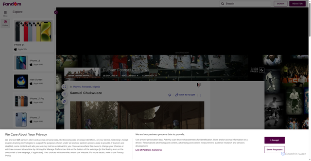 Security scan screenshot of https://fulham.fandom.com/wiki/Samuel_Chukwueze