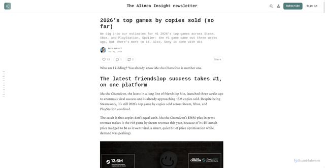 Security scan screenshot of https://alineaanalytics.substack.com/p/2026s-top-games-by-copies-sold-so